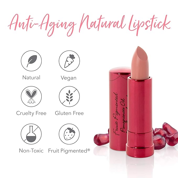 100% PURE Pomegranate Oil Anti-Aging Lipstick Long Lasting, Vibrant Makeup - Moisturizing Cocoa Butter Satin Finish - Vegan Fruit Pigmented Peony Color (Pale Pink) - 0.15 oz