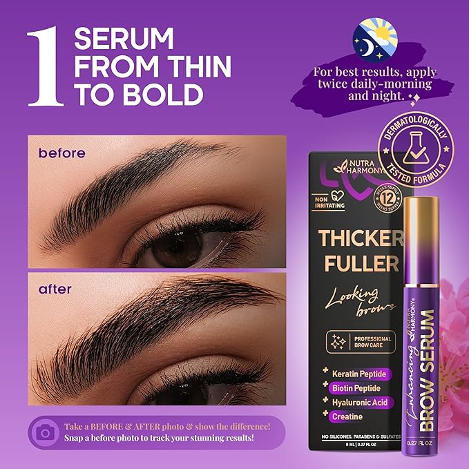 Eyebrow Growth Serum – Peptide Brow Serum for Fuller, Thicker Looking Brows – Biotin & Hyaluronic Acid Conditioning Formula for Sparse, Thin & Patchy Brows, Lightweight Advanced Brow Care, 0.27 fl oz