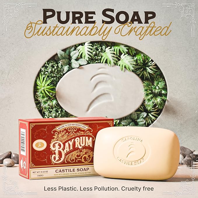 Carolina Castile Soap Vegan Bay Rum Castile Bar – 3 Bars of Natural Soap for Men, Women, and Kids – Gentle, Hydrating Castile Bars with Organic Cocoa Butter and Olive Oil, 5 Oz. Each