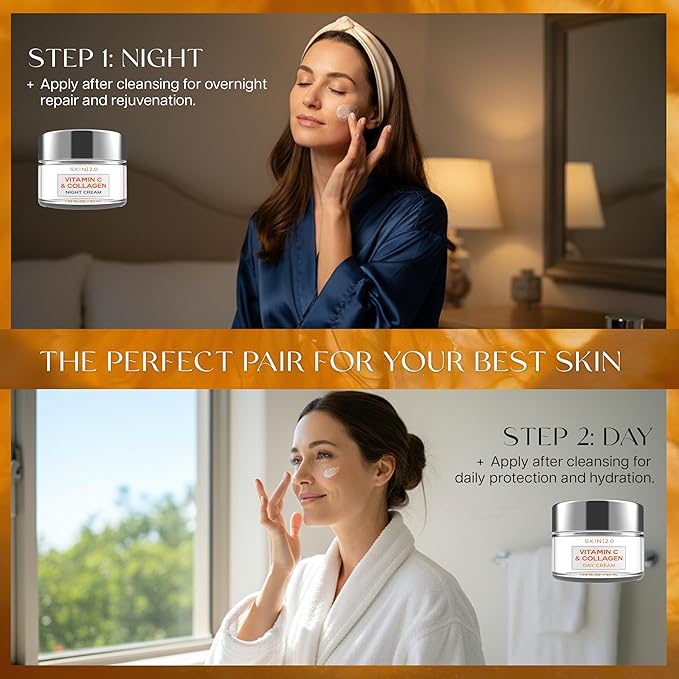 Vitamin C & Collagen Face Moisturizer – Anti Aging Day & Night Cream for Smooth & Radiant Skin, Firms & Restores Dull Complexion – Dermatologist Tested, Korean Skin Care Set, Vegan – Duo Pack