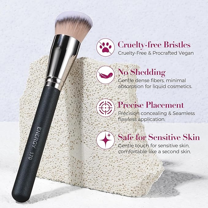 ENERGY Foundation Brush for Liquid Makeup - Professional Makeup Brush for Liquid, Cream & Powder Blending,Buffing and Contouring - Soft Vegan Synthetic Bristles Face Make Up Tool