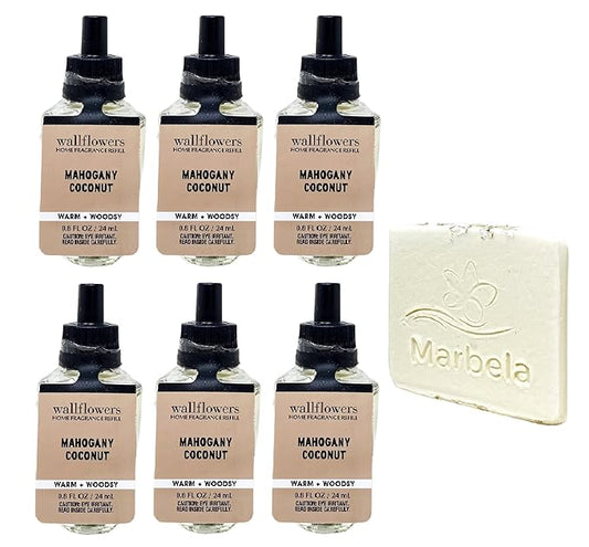 Bath & Body Works Mahogany Coconut - 6 Pack Wallflowers Home Fragrance Refill with a Natural Oats Sample Soap