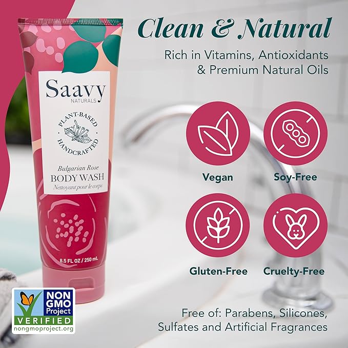 Saavy Naturals Moisturizing Body Wash for Sensitive Skin – Plant-Based & Pure with Coconut Oil, Shea Butter & Aloe Vera – Paraben-Free, Cruelty-Free – Bulgarian Rose – 8.5 fl oz, 1 pack