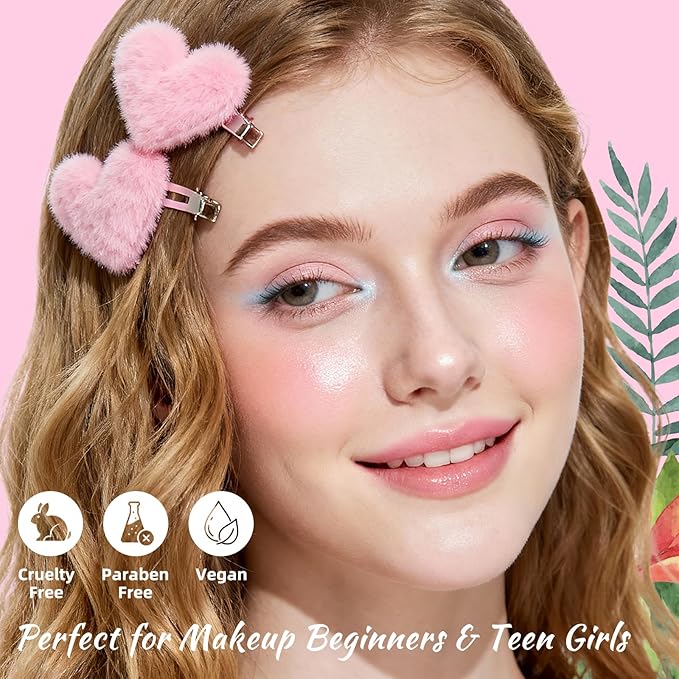 Color Nymph Girls Eye & Cheek Makeup Palette Kit - Eyeshadow & Blush & Highlighter Palette for Teens Girls Tweens, Beginner-Friendly, Gentle Makeup Kits for Starter, Makeup Gift for Birthday (Pink)