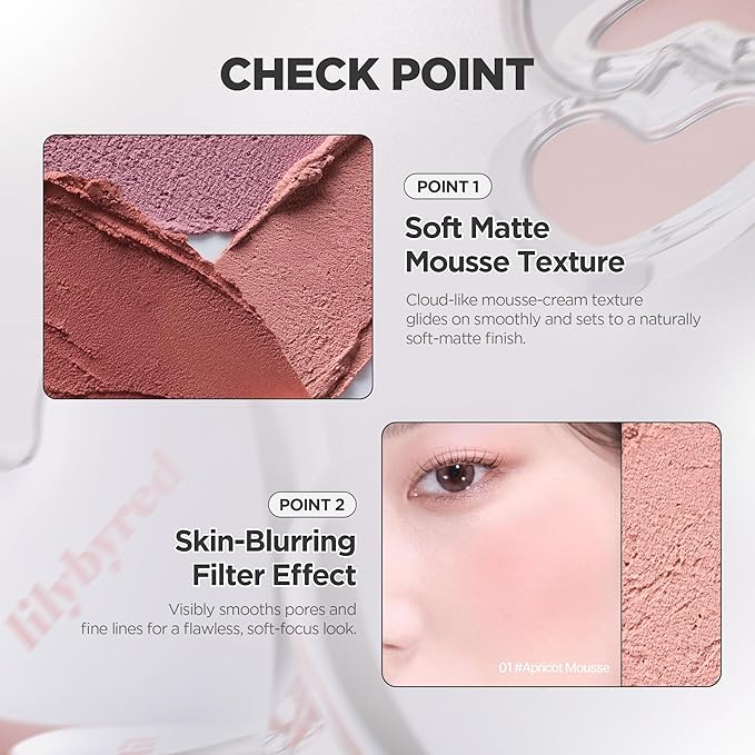 lilybyred Luv Beam Cheek Mousse | Heart-Shaped Korean Cream Blush, Airy Soft-Matte Texture, Soft-Focus & Pore-Blurring Finish, Seamless Buildable, Natural Flush, 0.13 oz. (03 Pomelo Mousse)