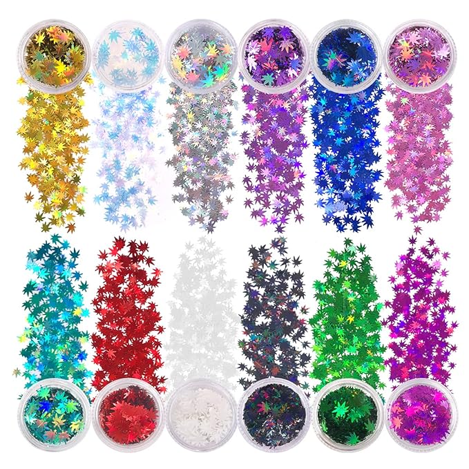 12 Pack - Metallic Rainbow Holographic Leaf Glitter - Solvent Resistant & Cosmetic Grade - Face Body Nails Resin Arts & Crafts, Tumblers, Bath Bombs, Resin - Weed Pot Marijuana Leaf