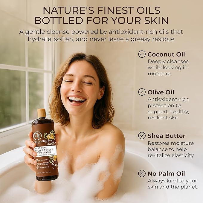 Dr. Jacobs Naturals Castile Shea Butter All-Natural Body Wash for Moisturizing Dry and Sensitive Skin with Plant-Based Ingredients with Pump - 32 Ounce
