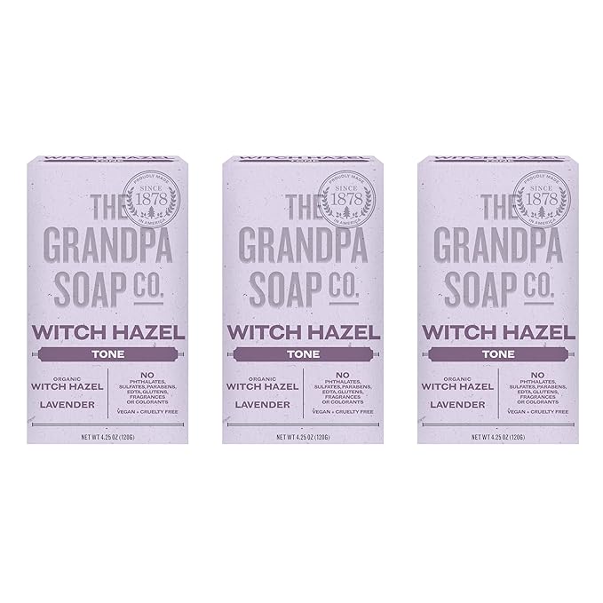 The Grandpa Soap Company Witch Hazel Bar Soap - Tones and Rejuvenates Skin, With Witch Hazel and Lavender, Provides a Relaxing Effect, Vegan, For Face and Body, 4.25 Oz, 3 Pack