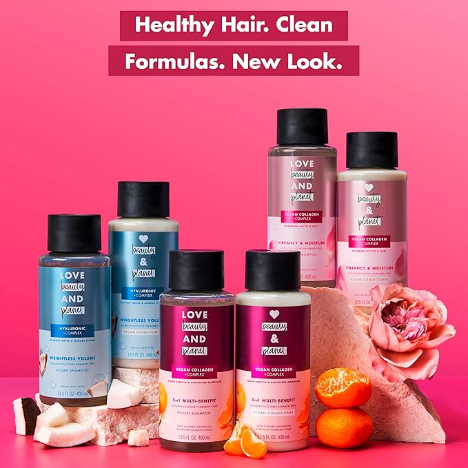 Love Beauty and Planet Vegan Collagen Moisture Shampoo Murumuru Butter & Rose Pack of 4 for Color-Treated Hair Vibrancy, 13.5 oz