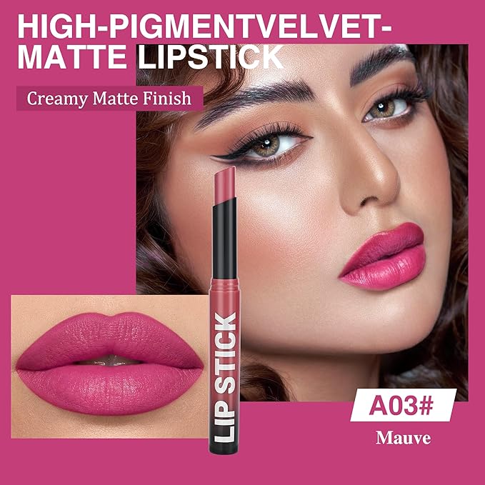 Mauve Lipstick for Women，Matte Velvet Satin Lipsticks，Hydrate Lip stick Non-Drying Long Lasting Lip Stain Daily Makeup，Creamy Silky Texture，Highly pigment Formula，Vegan & Cruelty-Free，A03#