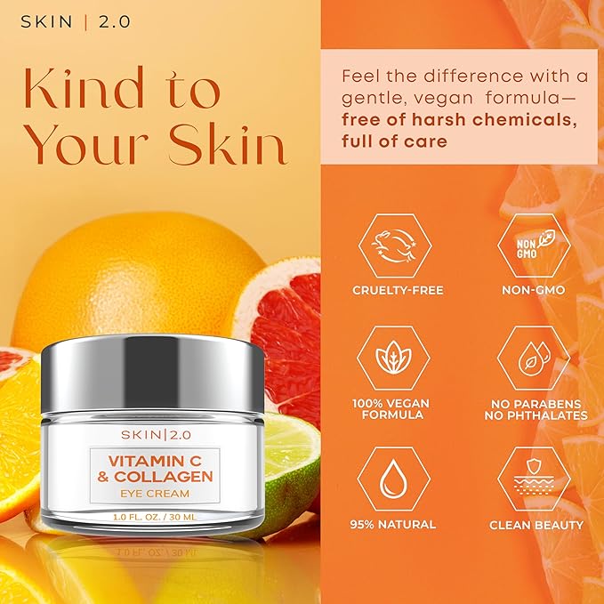 Vitamin C & Collagen Under Eye Cream for Dark Circles, Puffiness & Wrinkles – Hydrating, Firming & Restoring Radiance – Dermatologist Tested, Korean Skin Care, Vegan, Clean Beauty – 1 fl oz