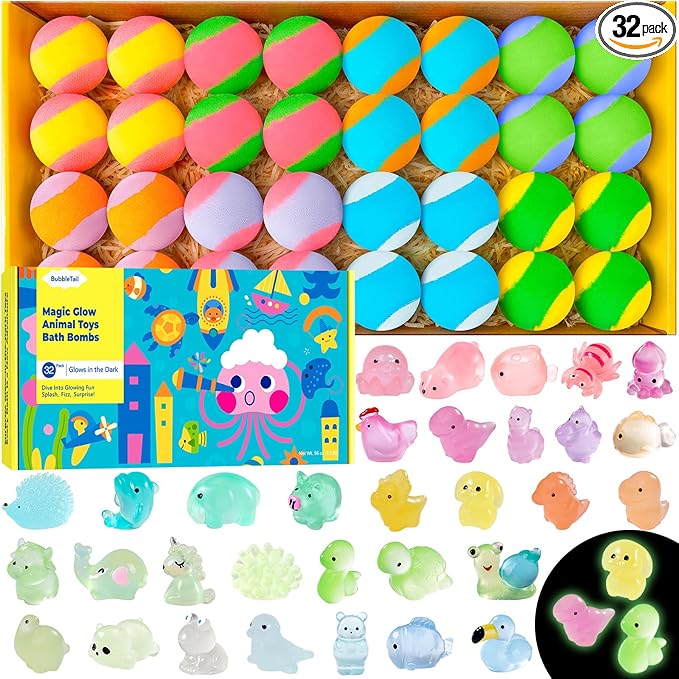Bath Bombs for Kids with Surprise Inside, 32 Pack 1.8-Inch Fizzy Bath Bombs with 32 Different Glow-in-the-Dark Animal Toys, Kid-Friendly, Non-Toxic, 8 Scents, Birthday Party Favors & Stocking Stuffers