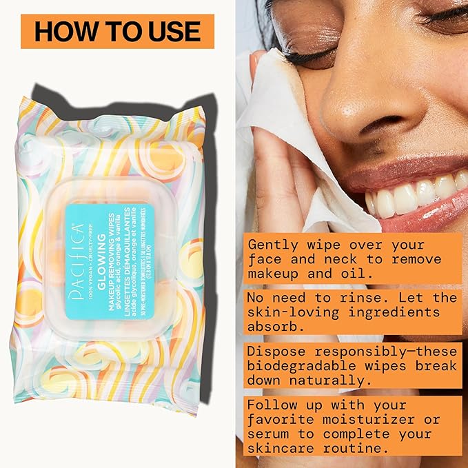 Pacifica Glowing Makeup Remover Wipes – With Glycolic Acid for AHA Exfoliating and Facial Cleansing – No Rinse Face Cleaning Towelettes – Dermatologist Tested, Vegan & Cruelty-Free – 30 Pack