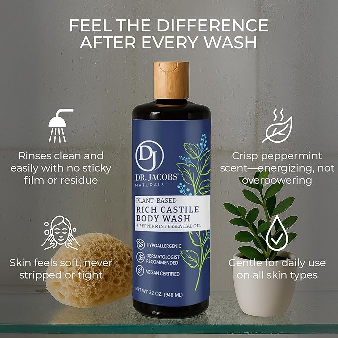 Dr. Jacobs Naturals Pure Castile Soap Liquid Body Wash, Peppermint - Plant Based Soap Infused with Vitamin E and Aloe Vera to Moisturize Dry and Sensitive Skin - Made in The USA - 16 oz, Pack of 2