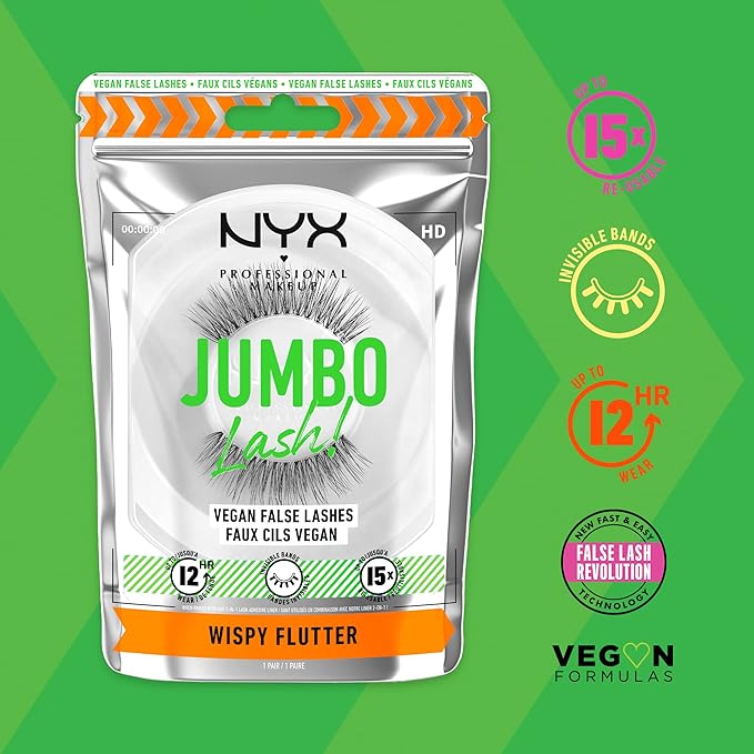 NYX PROFESSIONAL MAKEUP Jumbo Lash! Vegan False Eyelashes, Up to 12HR Wear, Reusable Fake Lashes - Wispy Flutter
