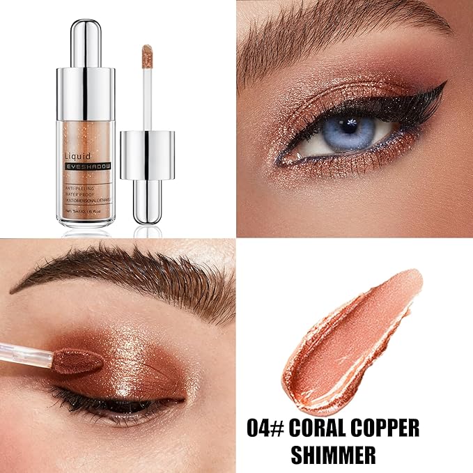 Coral Copper Shimmer Liquid Eyeshadow, Longwear Waterproof Eye Shadow Cream, Buildable Highly Pigmented Blendable Eye Makeup, Vegan Cruelty-Free Paraben-Free for Older Women Stage makeup 04#