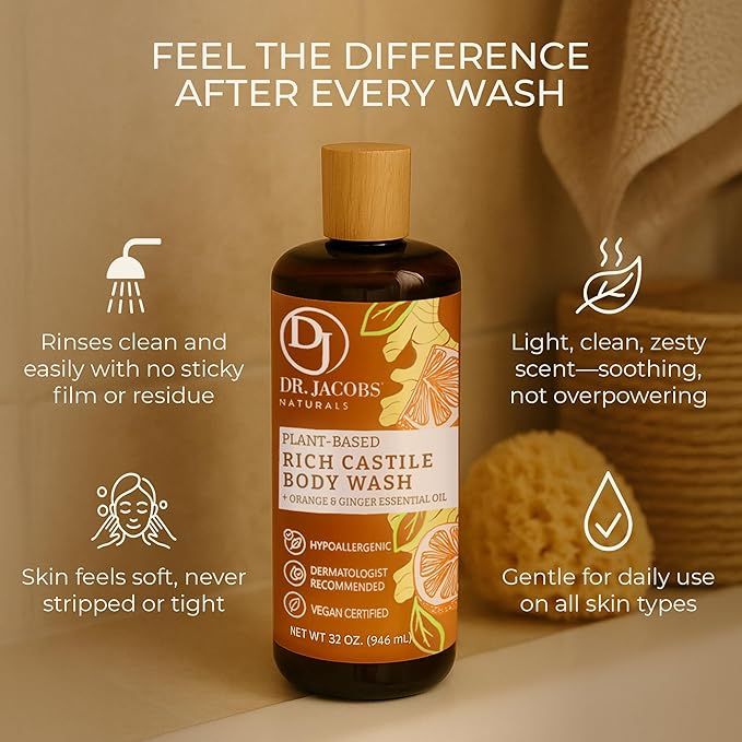 Dr. Jacobs Naturals Pure Castile Soap Liquid Body Wash, Orange & Ginger - Plant Based Soap Infused with Vitamin E & Aloe Vera to Moisturize Dry and Sensitive Skin - Made in The USA - 16 oz