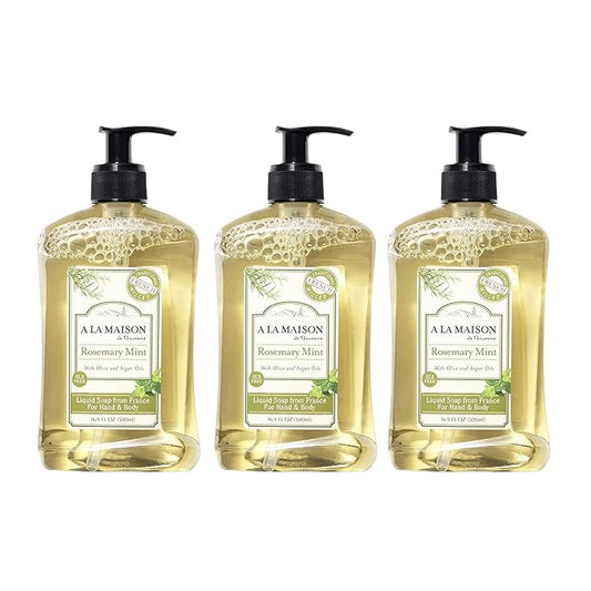 A LA MAISON Rosemary Mint French Liquid Hand Soap - Natural Hand Wash Made with Essential Oils - Biodegradable, Plant-Based, Vegan, Cruelty-Free, Alcohol & Paraben Free (16.9 oz, 3 Pack)