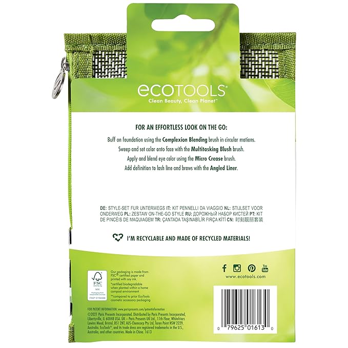 EcoTools On-The-Go Makeup Brush Kit, Travel-Friendly Brush Set, Convenient Makeup Tools for Powders, Blush, Bronzer, & Eyeshadows, Eco-Friendly, Synthetic Bristles, Cruelty-Free & Vegan, 5 Piece Set