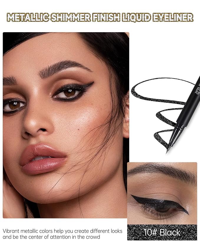 Metallic Shimmer Liquid Eyeliner, Black Glitter Eyeliner Waterproof Long-Stay 24H, Sparkling Finish Eye Liner Pen, Ultra-Fine Tip & Smooth Application, High Pigmented Smudge-Proof Makeup for Women-10