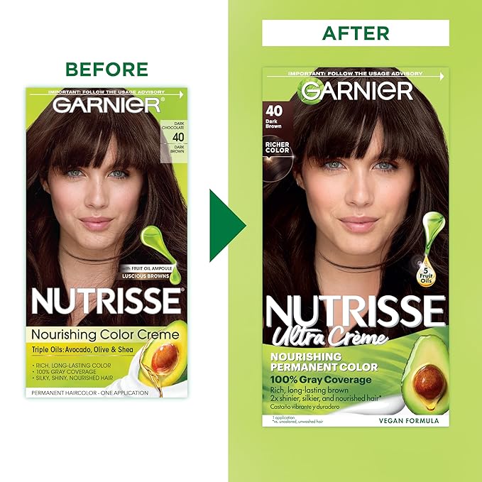 Garnier Nutrisse Ultra Crème Hair Color, Permanent Hair Dye with 100% Gray Coverage, Vegan & Cruelty-Free, 40 Dark Brown (Dark Chocolate), 1 Count