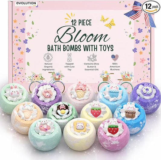 EvolutionUSA 12pc Bloom Bath Bombs with Toys, Adorable Girl Bath Bomb Set, Bubbly Kids Bathbombs, Fizzy Bath Ball, Kids Bath Bombs for Girls, Childrens Bath Bomb Set Easter, Valentines Gift