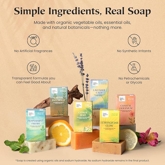 Organic Soap Bar Set - 6 Pack, Cold Process Natural Bar Soap for Women & Men for Sensitive Skin, Body, Face and Hands, Leaping Bunny Certified, Aromatherapy Bath & Shower Gift Set, Made in USA