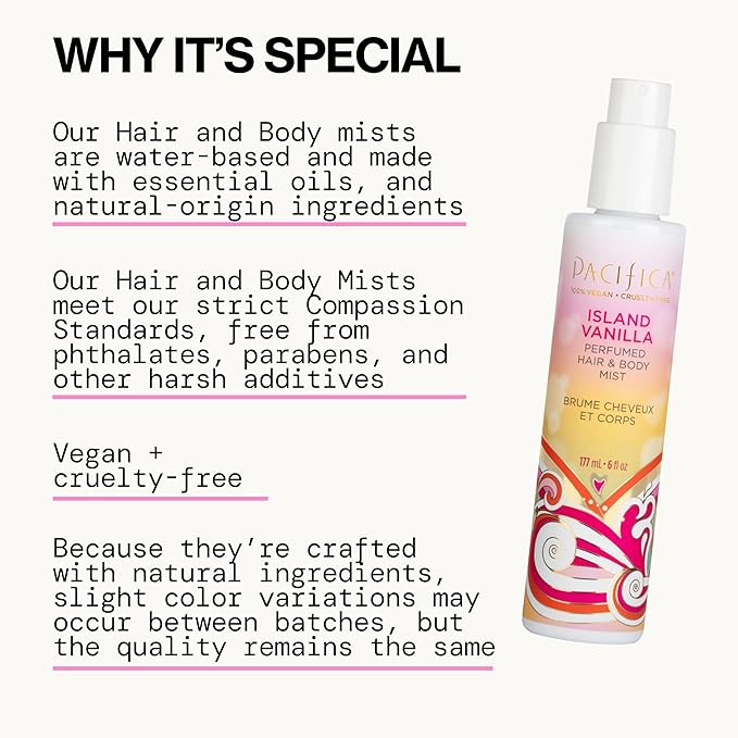 Pacifica Island Vanilla Spray Perfume & Hair and Body Mist Set – Tahitian Vanilla Clean Fragrance Duo, Essential Oil Blend, Alcohol-Free Hair/Body Mist Clean Beauty 100% Vegan & Cruelty-Free