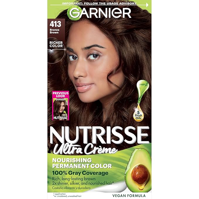 Garnier Nutrisse Ultra Crème Hair Color, Permanent Hair Dye with 100% Gray Coverage, Vegan & Cruelty-Free, 413 Bronze Brown (Bronze Sugar), 1 Count
