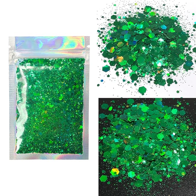Green Face & Body Glitter - Chunky Glitter - Uses Include: Holidays, Cheerleading, Festival, Rave, Hair, Makeup, Face, Body, Nails, Resin, Arts & Crafts, Resin, Tumblers, Bath Bombs