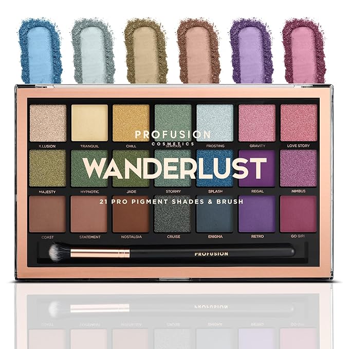 Profusion Cosmetics Wanderlust 21 Shades Eyeshadow Palette – Richly Pigmented Matte & Shimmer Finishes with Blending Brush, Long-Wearing, Travel-Friendly, Vegan & Cruelty-Free Makeup Set