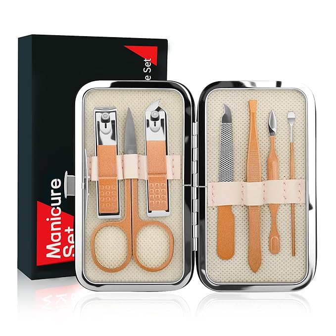 Manicure Set Gift for Women, 7 in 1 Stainless Steel Professional Pedicure Kit Nail Scissors Grooming Kit with Pink Leather Travel Case