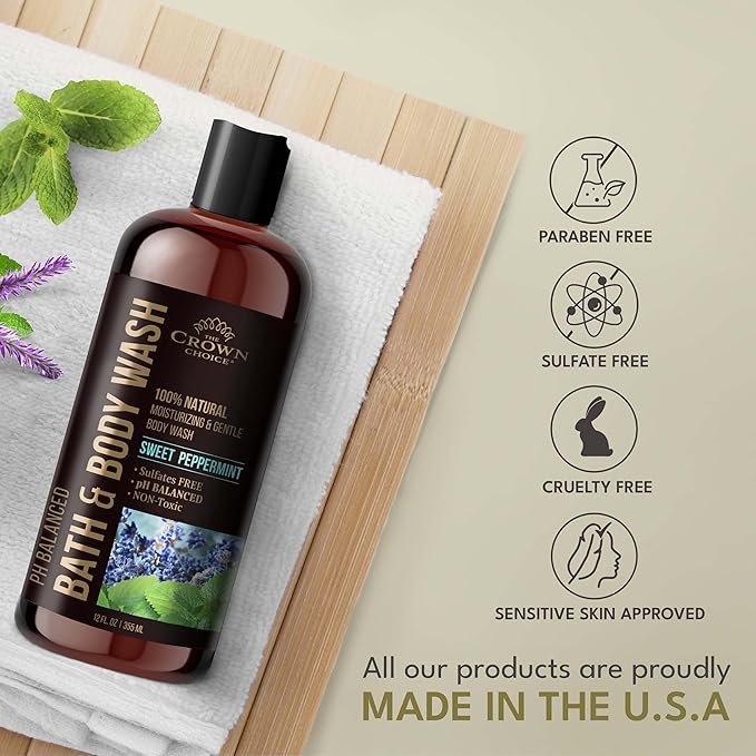 Natural Body Wash for Women, Men & Kids - Peppermint & Lavender - 12oz pH 5.5-Best pH Balance-Liquid Soap for All Skin Types-Moisturizing Sulfate & Chemical Free Shower / Bath Liquid Gel (2 Packs)