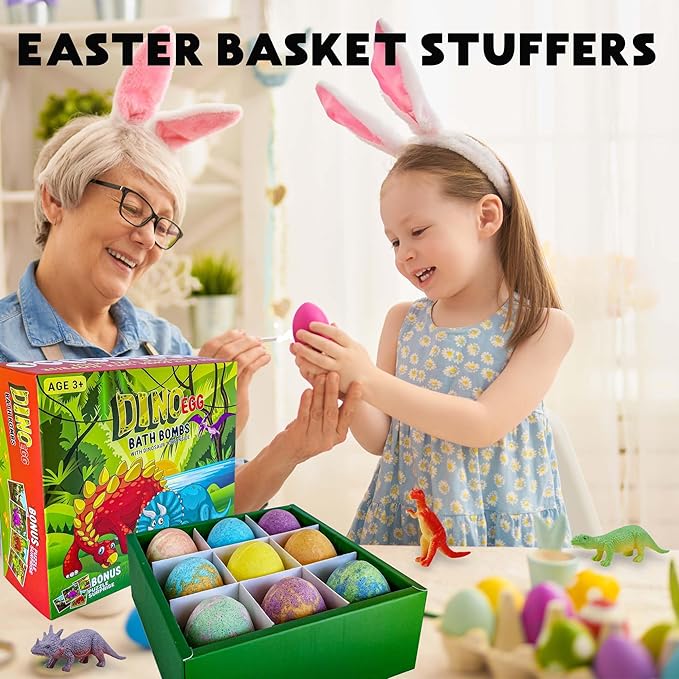 Bath Bombs for Kids with Surprise Toys Inside Plus Dinosaur Puzzle - Set of 9 Organic Dino Egg Bath Bombs with Rich Bubbles, Easter Basket Essentials