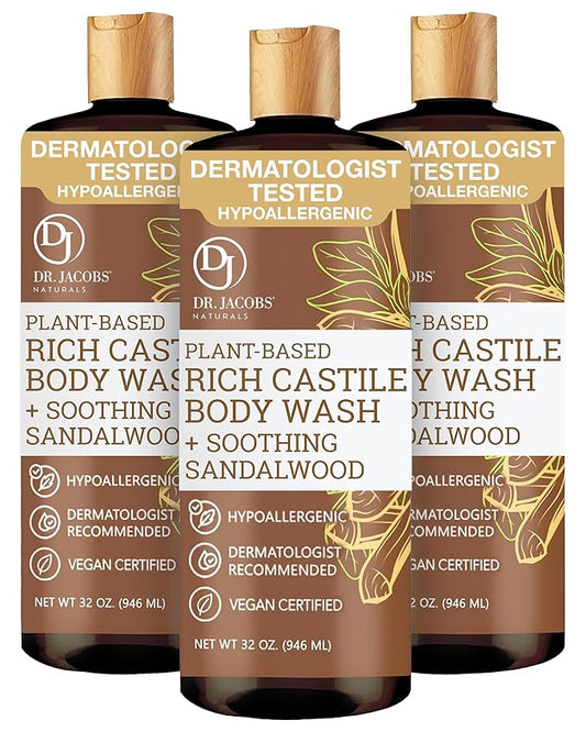Dr. Jacobs Naturals Pure Castile Soap Liquid Body Wash, Sandalwood - Plant Based Soap Infused with Vitamin E and Aloe Vera to Moisturize Dry and Sensitive Skin - Made in The USA - 32 oz, Pack of 3