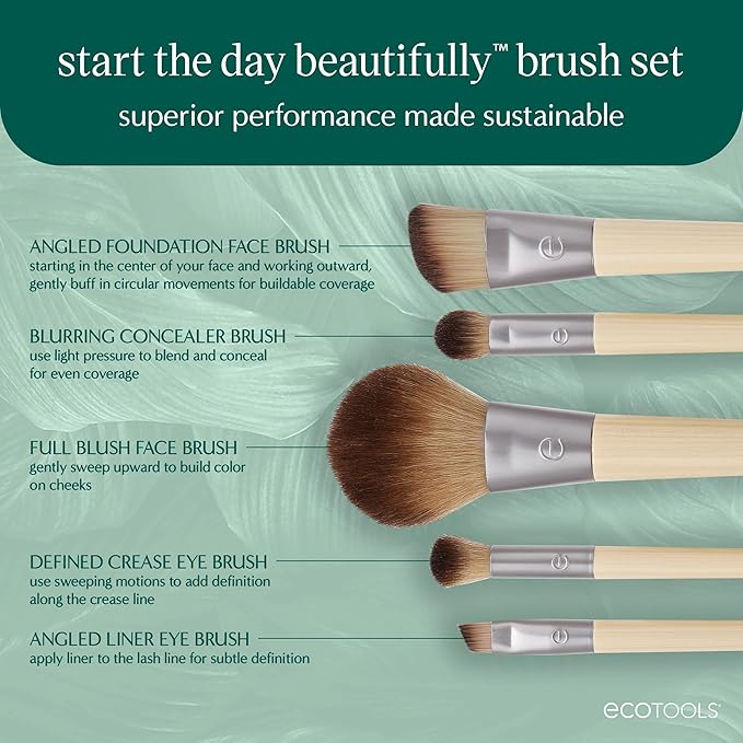 EcoTools 6 Piece Start The Day Beautifully Makeup Brush Set, Makeup Brushes For Eyeshadow, Blush, Concealer, & Foundation Application, Eco-Friendly, Gift Set, Synthetic Hair, Vegan & Cruelty-Free