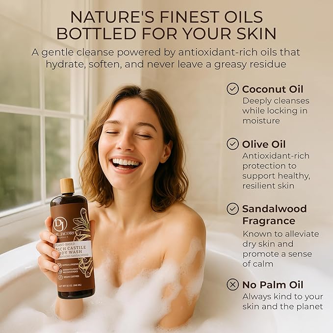 Dr. Jacobs Naturals Pure Castile Soap Liquid Body Wash, Sandalwood - Plant Based Soap Infused with Vitamin E and Aloe Vera to Moisturize Dry and Sensitive Skin - Made in The USA - 32 oz, Pack of 3