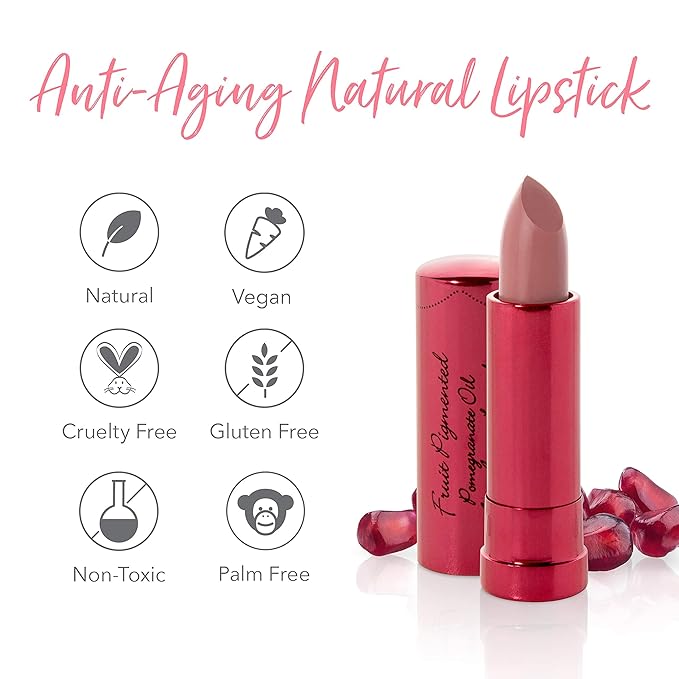 100% PURE Pomegranate Oil Anti-Aging Lipstick Long Lasting, Vibrant Makeup - Moisturizing Cocoa Butter Satin Finish - Vegan Fruit Pigmented Buttercup Color (Cool Deep Pink) - 0.15 oz