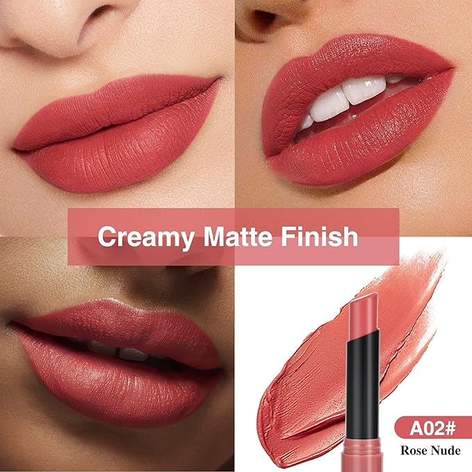 Rose Peach Nude Lipstick for Women，Matte Velvet Satin Lipsticks，Hydrate Lip stick Non-Drying Long Lasting Lip Stain Daily Makeup，Creamy Silky Texture，Highly pigment Formula，Vegan & Cruelty-Free，A02#