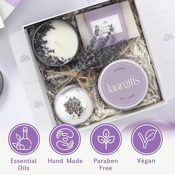 Lavender Spa Gift Box for Women – Small Candle Set with Bath Gifts, Relaxing Self Care Spa Set, Birthday Basket for Women, Mom & New Mom