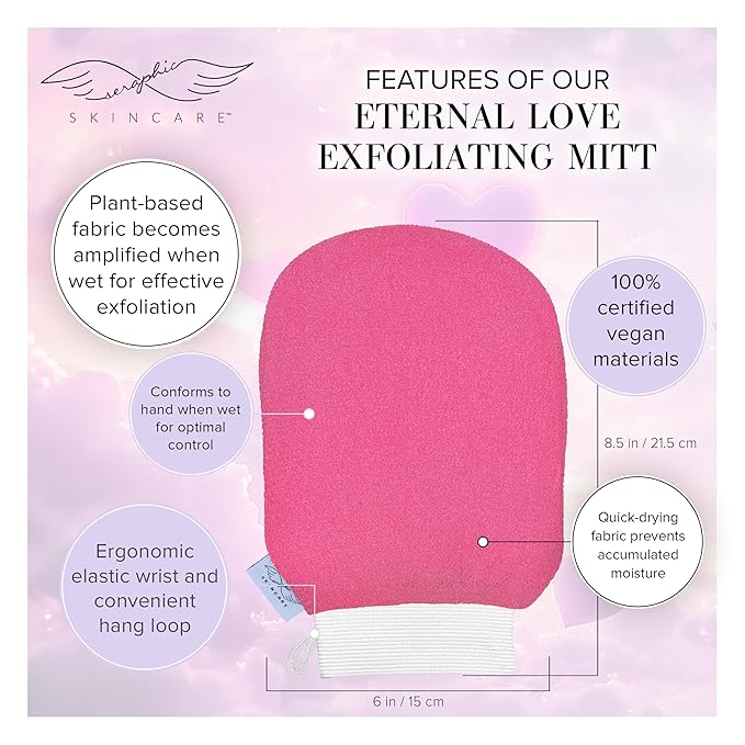 Seraphic Skincare Eternal Love Premium Exfoliating Mitt for Body 1pc – Exfoliating Glove & Body Scrubber for Shower Use, Deep Body Exfoliation, Dead Skin Removal & Self Tanner - Valentine’s Day gift