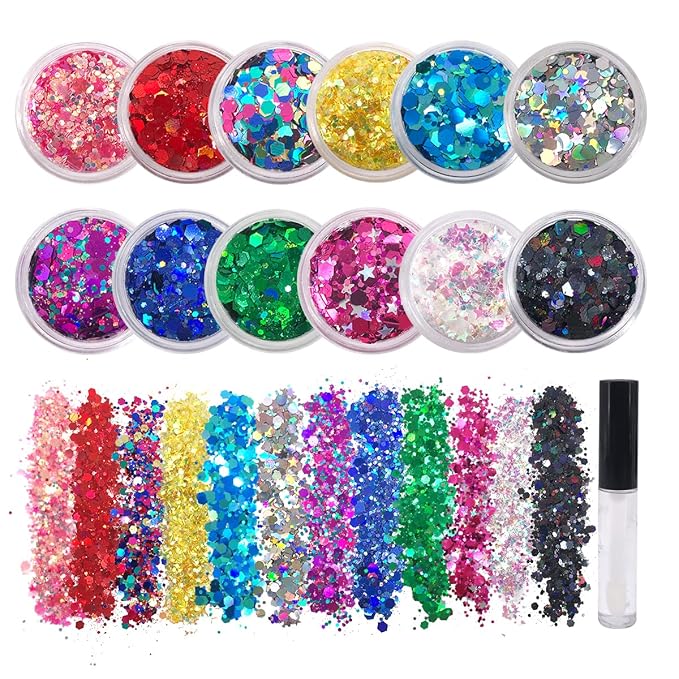 12 Pack - Multi-Colored Face & Body Glitter - Glue Included - Rainbow Chunky Glitter - Uses Include: Festival Rave Makeup Face Body Nails Resin Arts & Crafts, Resin, Tumblers, Bath Bombs
