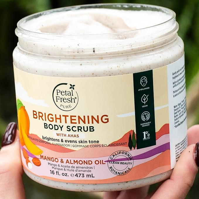 Petal Fresh Pure Brightening Mango & Almond Oil Body Scrub, AHAs for Gentle Exfoliation, Even Tone & Radiant Glow, Vegan and Cruelty Free, 16 oz – MADE IN USA