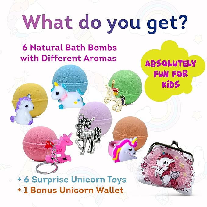 Organic Unicorn Bath Bombs for Girls with Surprise Toys Inside for Kids | Cute Unicorn Ring, Keychain, Necklace, Toys and Bonus Unicorn Purse - Christmas Gift Set Bath Balls with Unicorn Toys Inside