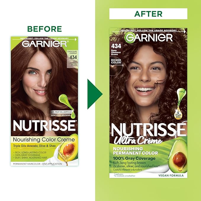 Garnier Nutrisse Ultra Crème Hair Color, Permanent Hair Dye with 100% Gray Coverage, Vegan & Cruelty-Free, 434 Deep Chestnut Brown (Chocolate Chestnut), 2 Count