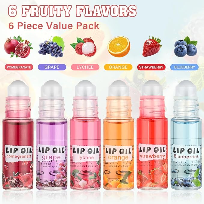 6Pcs Roll On Lip Gloss Set，Mini kids Lip Gloss Fruit Flavored，Moisturizing Lip Oil Make up for Teens and Girls，Hydrating Long Lasting Glossy,Christmas Party Favors Gift，Vegan & Cruelty-Free