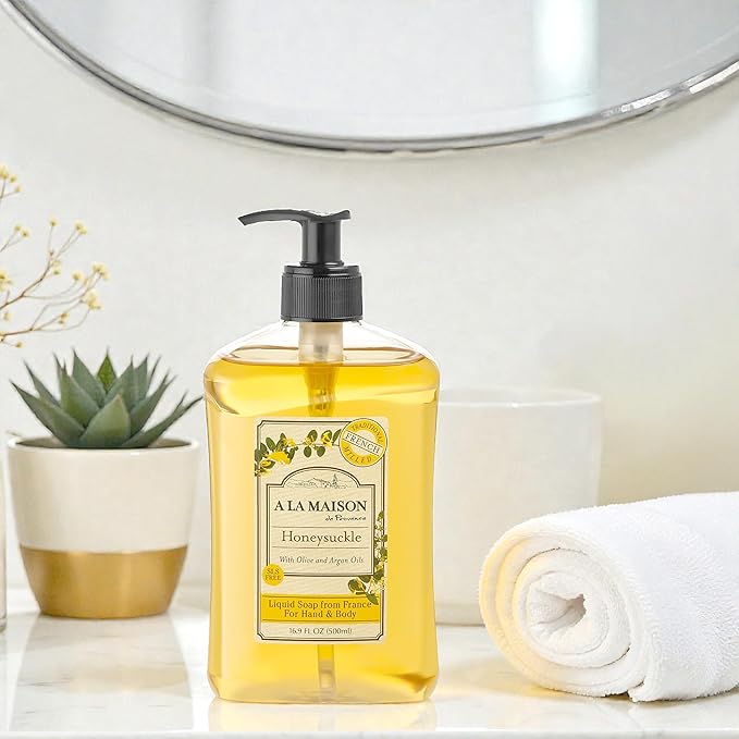 A LA MAISON Honeysuckle French Liquid Hand Soap - Natural Hand Wash Made with Essential Oils - Biodegradable, Plant-Based, Vegan, Cruelty-Free, Alcohol & Paraben Free (16.9 oz, 3 Pack)