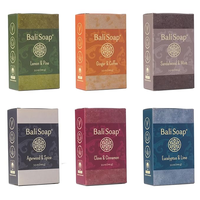 Bali Soap Natural Soap Bar Masculine Collection Handmade in Bali Cold Process, Men’s Gift Set with Natural Oils, Vegan, Wood and Spice Scents, 6-Pack