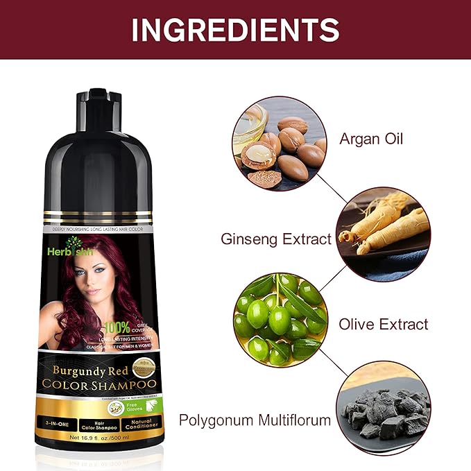 Herbishh Color Shampoo for Gray Hair Coverage (Burgundy) –Hair Dye 3-in-1 Shampoo- Colors in Minutes – Lasts Up To 2-3 Weeks – 500 mL – Ideal for Men & Women