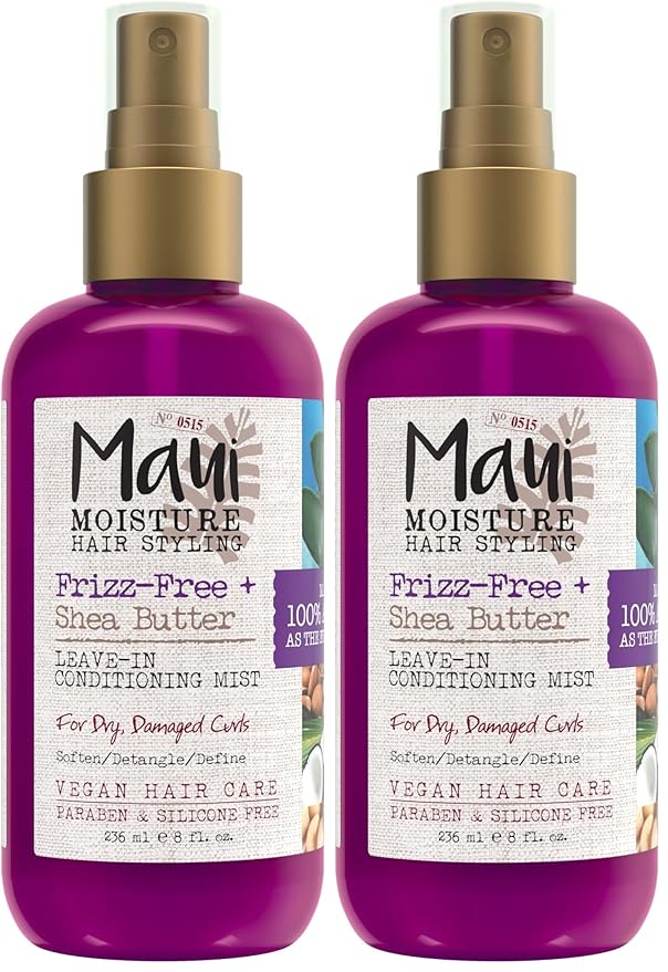 Maui Moisture Frizz-Free + Shea Butter Leave-in Conditioning Mist,Curly Hair Styling Spray to Soften,Detangle,& Define Dry,Damaged Curls & Waves,No Parabens or Silicone,8 fl. oz,(Pack of 2)